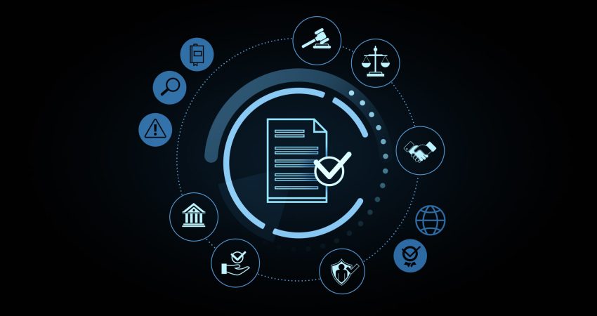 Compliance document with verification checkmark, surrounded by legal and security icons in neon style on dark background. Compliance concept. 3D Rendering
