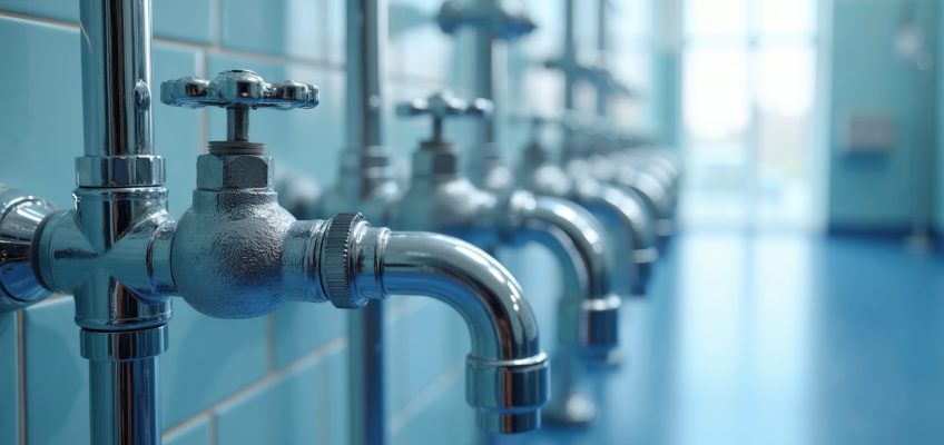 Shiny metal taps line up on a clean blue tiled wall. Water pipes extend across a bright room with a shiny blue floor. Rows of faucets lead towards, a bright doorway.